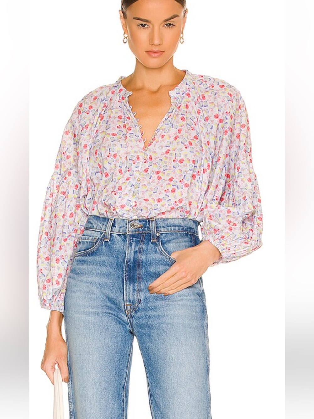 Something Navy Pale Lavender Floral V-Neck Puff Sleeve Cropped Top